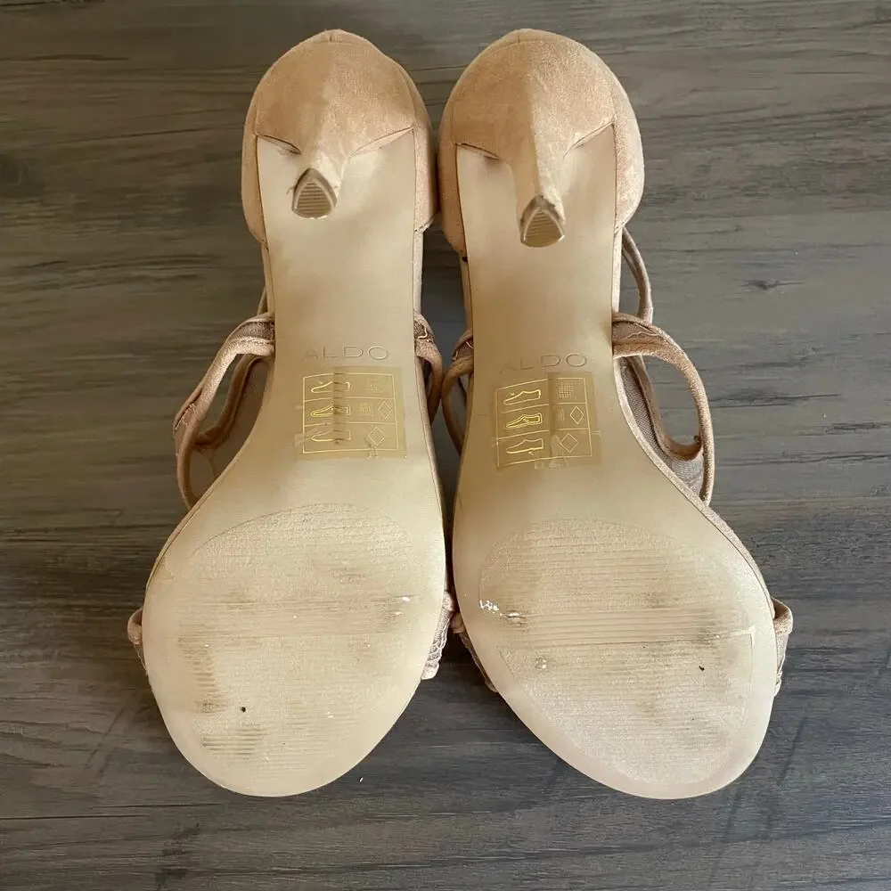 ALDO Womens 8 Nude Lace Mesh Cutout Stiletto Heels Back Zip Sandals